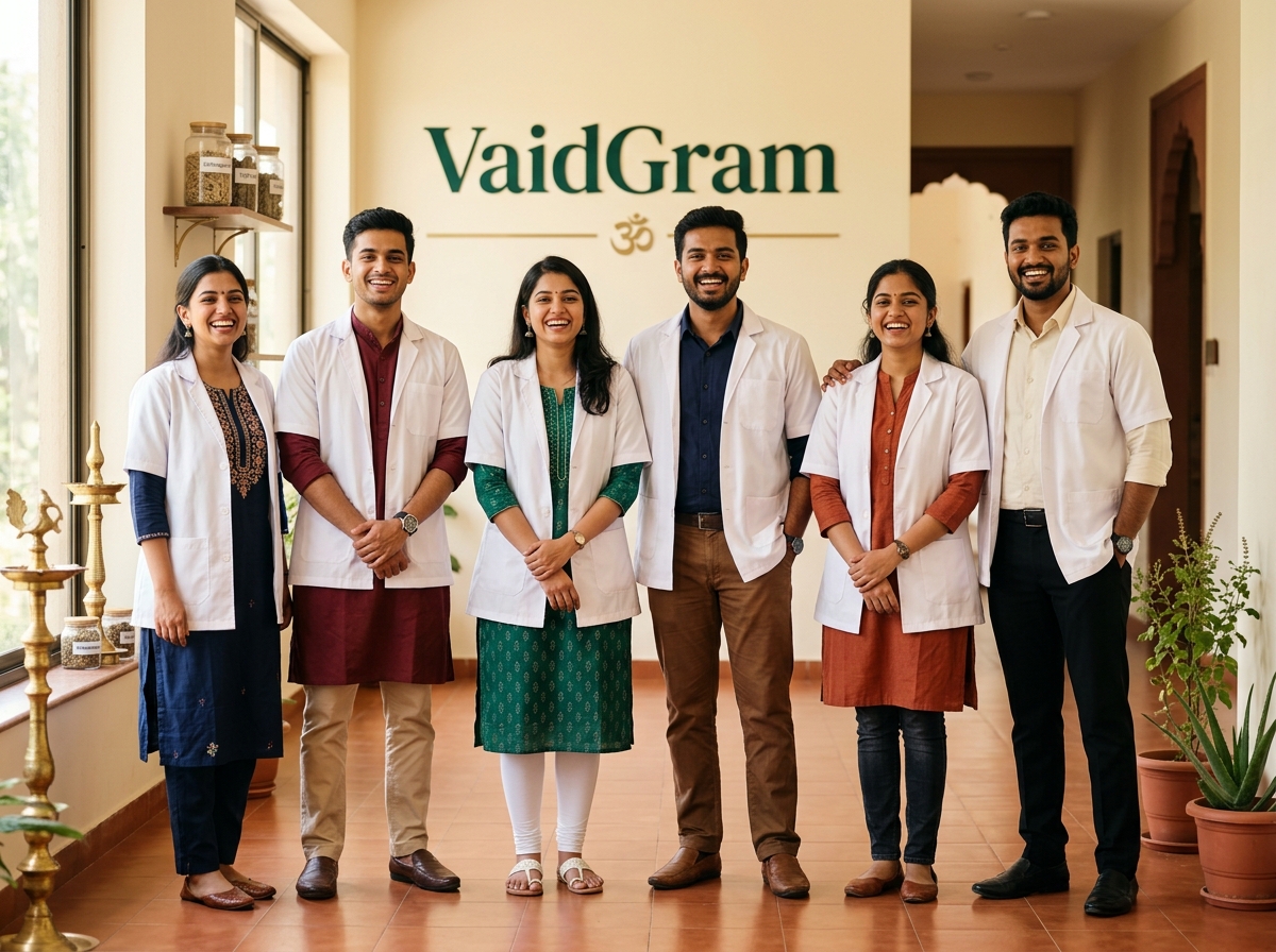 Confident group of Indian BAMS Ayurveda students at the VaidGram campus